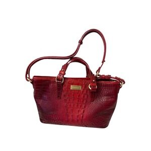 Brahmin Red Croc Embossed Leather Satchel Crossbody Bag Gold Hardware